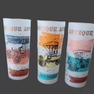 Vintage Anchor Hocking Antique Autos Cars Tumblers 1900 Cars Frosted Highball
